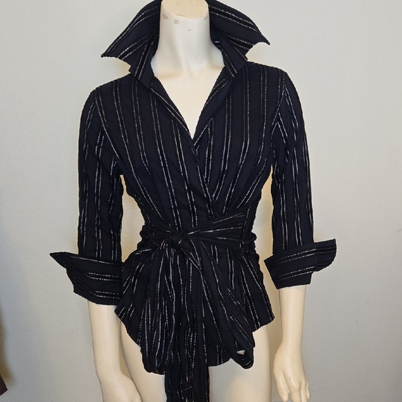 Vintage Zara Basic Black Metallic Stripe Wrap Blouse - Picture 4 of 16